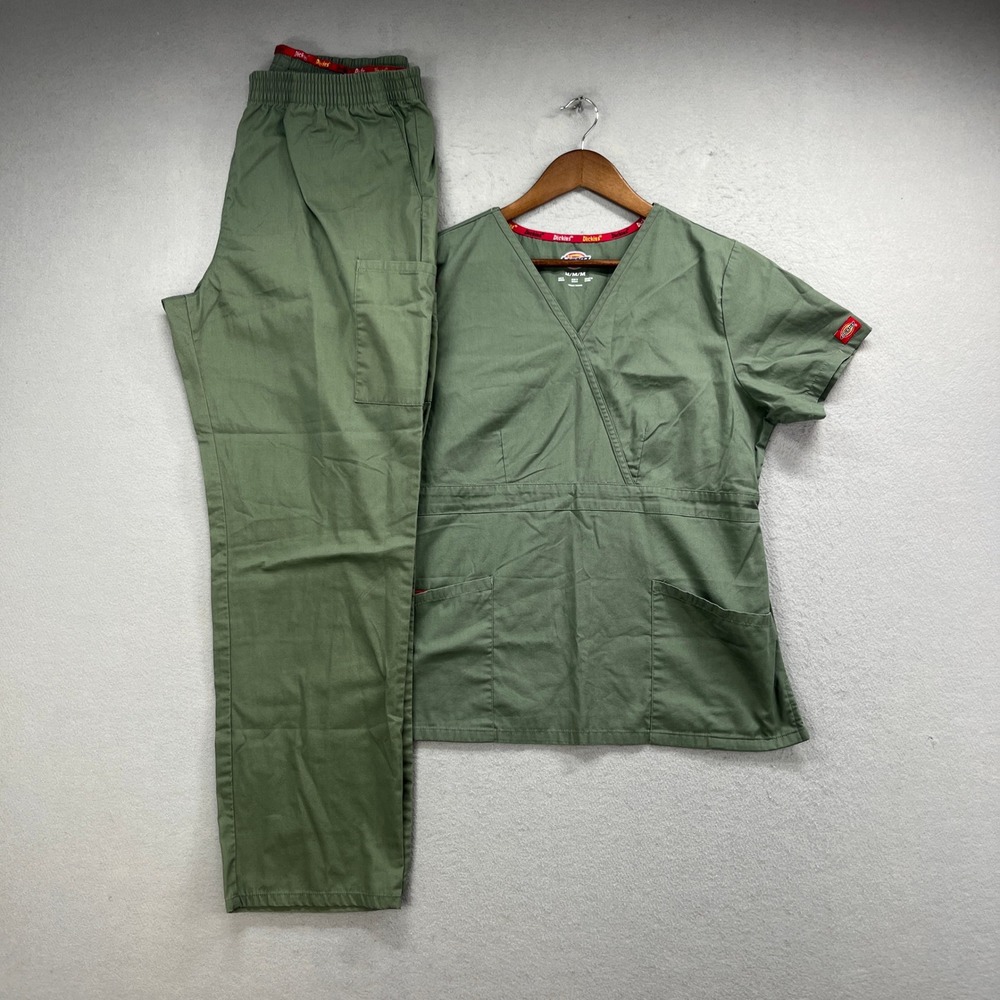 Dickies Scrub Set Women M Top L Pants Green V-Neck Cargo Medical Work Utility